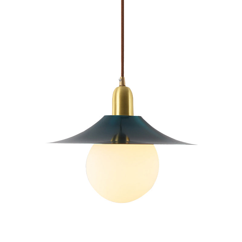 Mid-Century Milk Glass Pendant Lighting: Flared Shade, 1-Light Indoor Hanging Light in Gold/Black/Blue - Small or Large Size Options