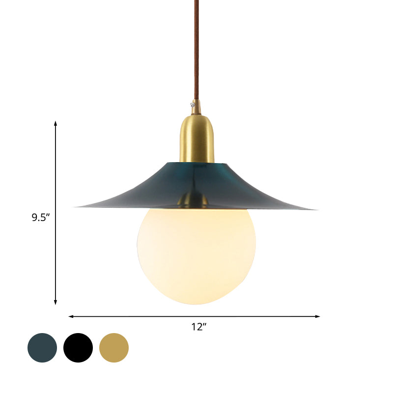Mid-Century Milk Glass Pendant Lighting: Flared Shade, 1-Light Indoor Hanging Light in Gold/Black/Blue - Small or Large Size Options