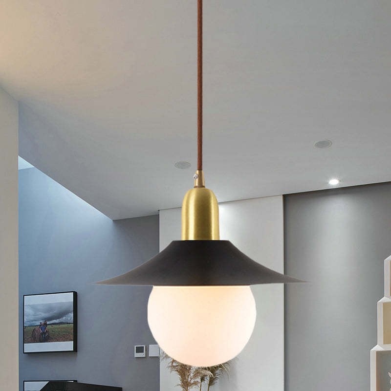 Milk Glass Pendant Lighting - Flared Shade Mid-Century Indoor Hanging Light In Gold/Black/Blue