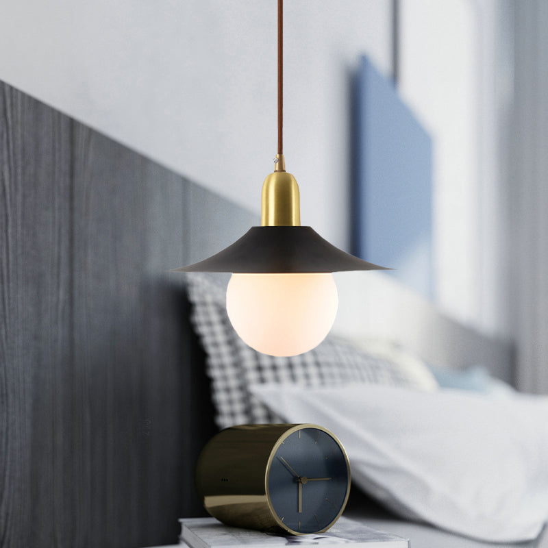 Mid-Century Milk Glass Pendant Lighting: Flared Shade, 1-Light Indoor Hanging Light in Gold/Black/Blue - Small or Large Size Options