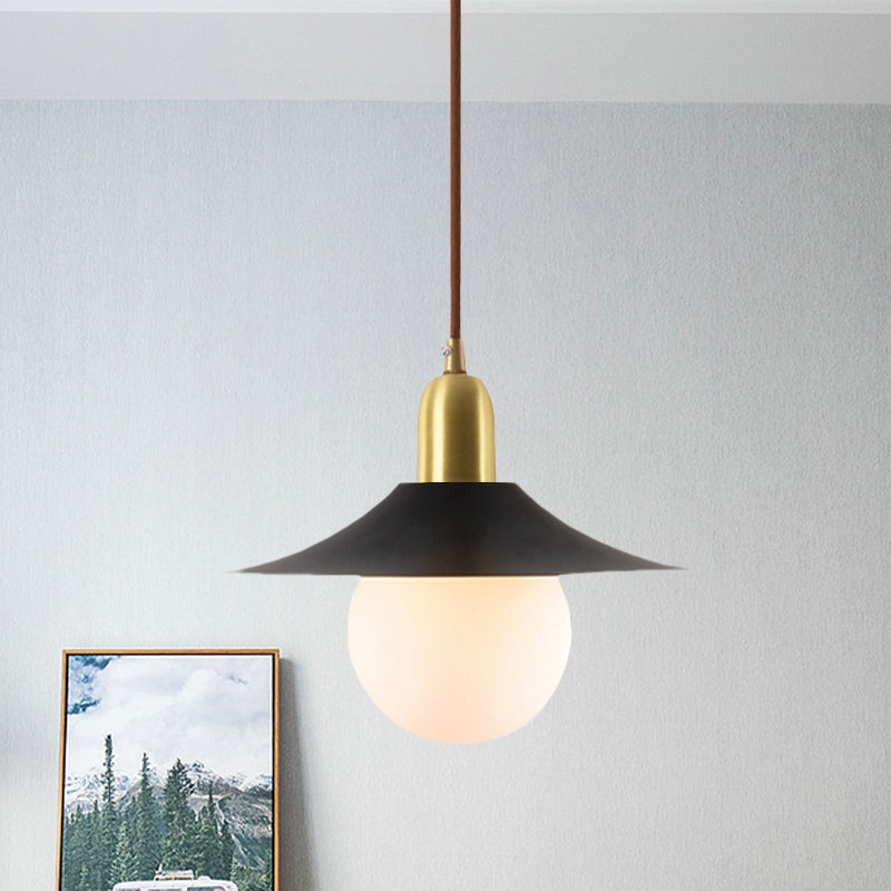 Mid-Century Milk Glass Pendant Lighting: Flared Shade, 1-Light Indoor Hanging Light in Gold/Black/Blue - Small or Large Size Options