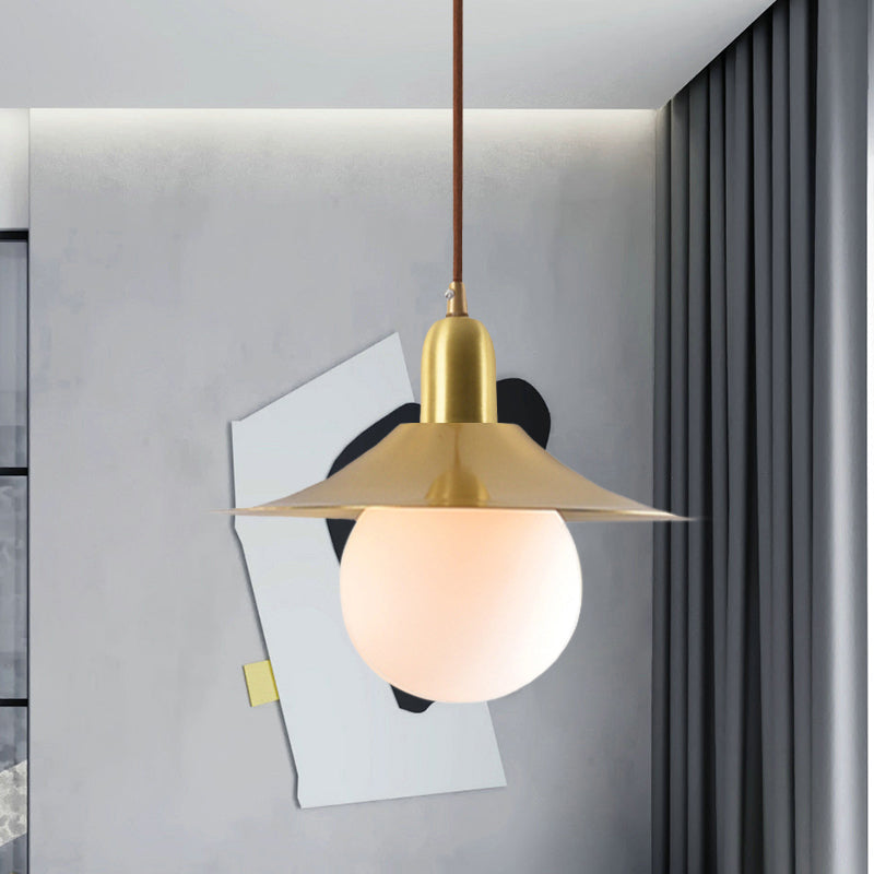Mid-Century Milk Glass Pendant Lighting: Flared Shade, 1-Light Indoor Hanging Light in Gold/Black/Blue - Small or Large Size Options