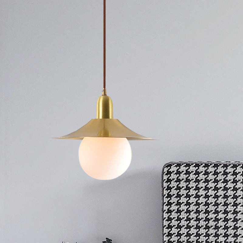 Mid-Century Milk Glass Pendant Lighting: Flared Shade, 1-Light Indoor Hanging Light in Gold/Black/Blue - Small or Large Size Options