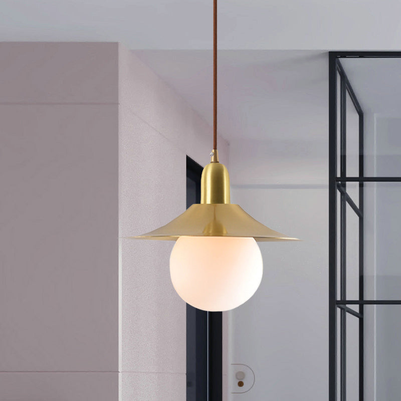Milk Glass Pendant Lighting - Flared Shade Mid-Century Indoor Hanging Light In Gold/Black/Blue