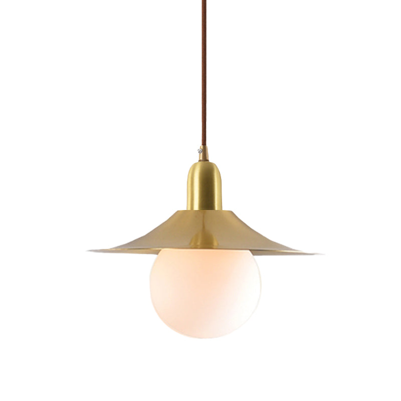 Mid-Century Milk Glass Pendant Lighting: Flared Shade, 1-Light Indoor Hanging Light in Gold/Black/Blue - Small or Large Size Options