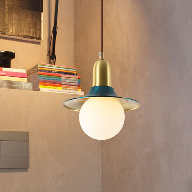 Mid-Century Milk Glass Pendant Lighting: Flared Shade, 1-Light Indoor Hanging Light in Gold/Black/Blue - Small or Large Size Options