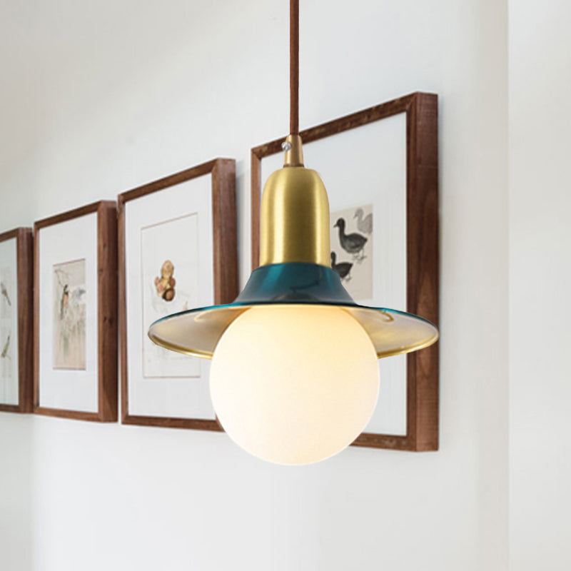 Mid-Century Milk Glass Pendant Lighting: Flared Shade, 1-Light Indoor Hanging Light in Gold/Black/Blue - Small or Large Size Options