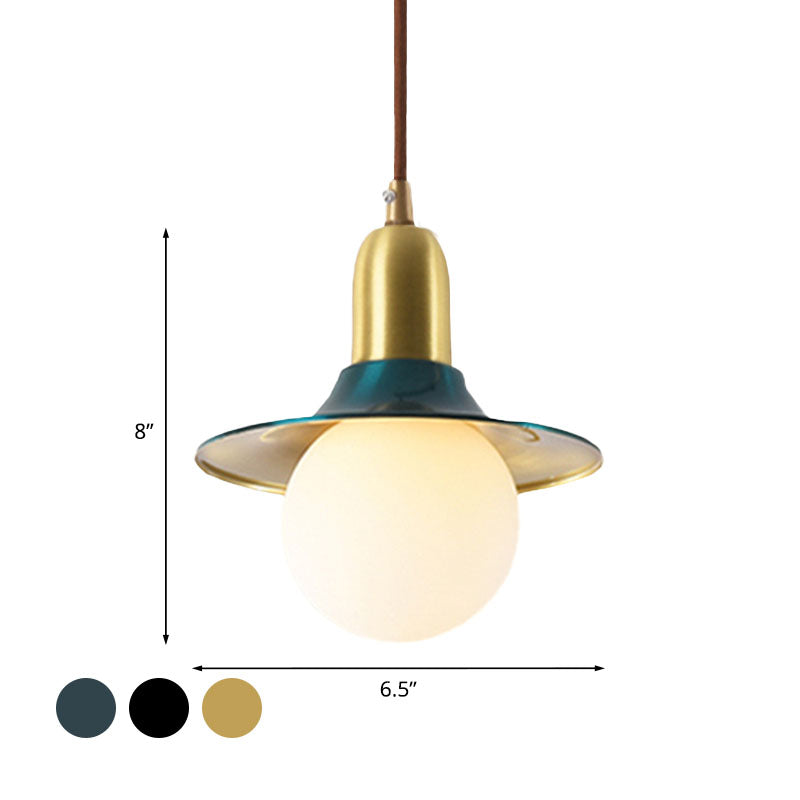 Mid-Century Milk Glass Pendant Lighting: Flared Shade, 1-Light Indoor Hanging Light in Gold/Black/Blue - Small or Large Size Options