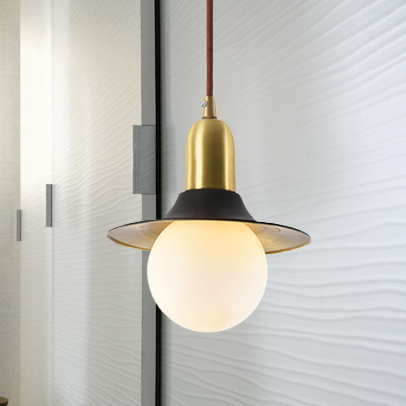 Mid-Century Milk Glass Pendant Lighting: Flared Shade, 1-Light Indoor Hanging Light in Gold/Black/Blue - Small or Large Size Options