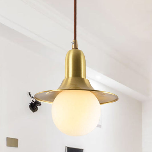 Mid-Century Milk Glass Pendant Lighting: Flared Shade, 1-Light Indoor Hanging Light in Gold/Black/Blue - Small or Large Size Options