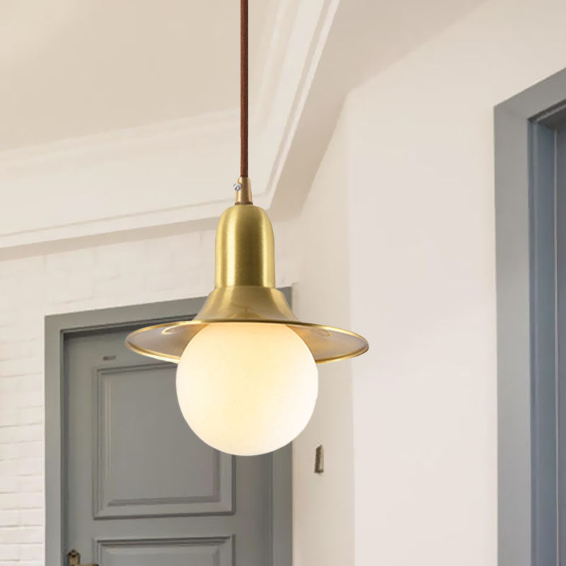 Mid-Century Milk Glass Pendant Lighting: Flared Shade, 1-Light Indoor Hanging Light in Gold/Black/Blue - Small or Large Size Options