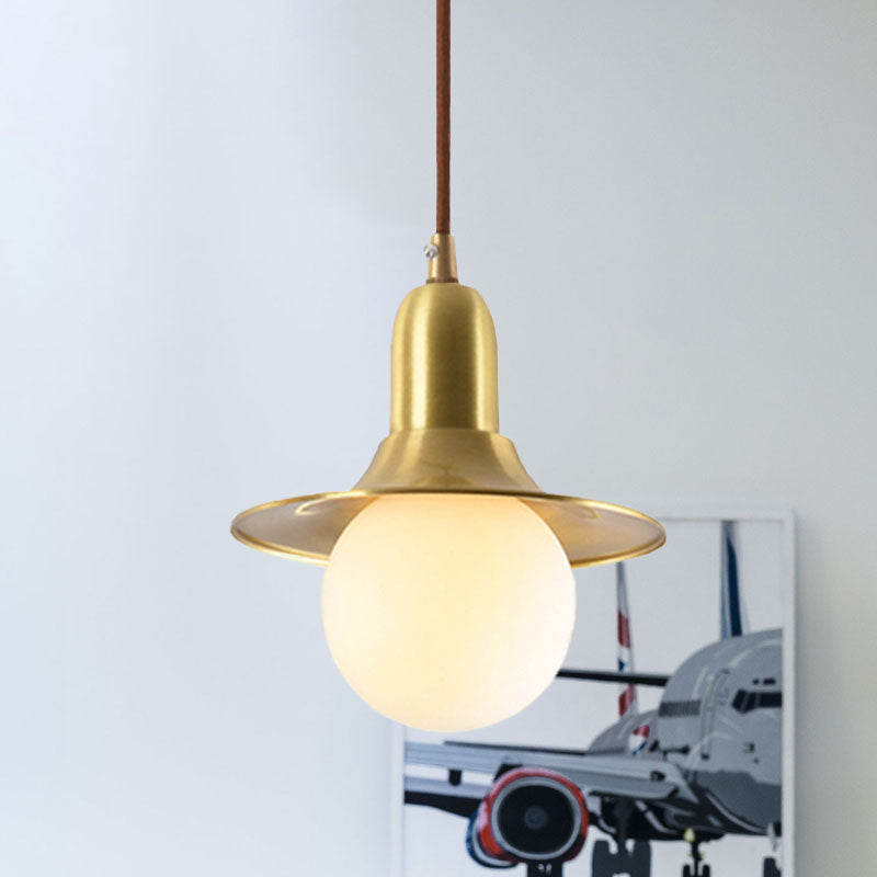 Mid-Century Milk Glass Pendant Lighting: Flared Shade, 1-Light Indoor Hanging Light in Gold/Black/Blue - Small or Large Size Options