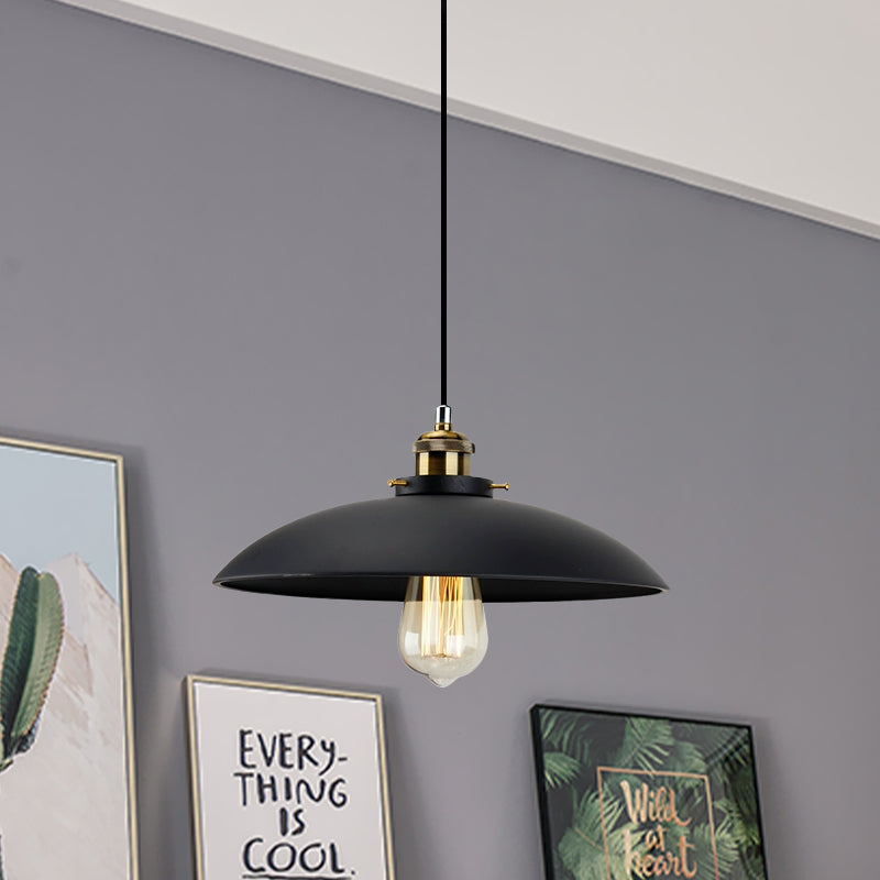 Industrial Metallic Pendant Light, Black Saucer Shade, 1-Light Dining Table Hanging Lamp (12.5"/16" Width)