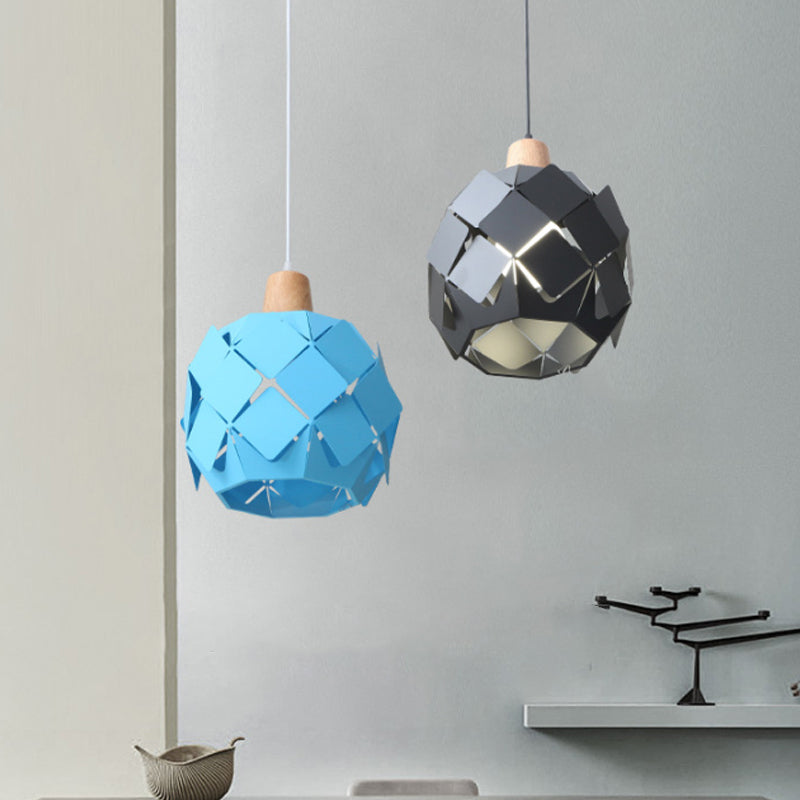 Modern Metal Globe Pendant Light With 1 Hanging Lamp - Blue/Black/White Shade