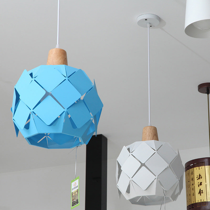 Modern Metal Globe Pendant Light With 1 Hanging Lamp - Blue/Black/White Shade Blue
