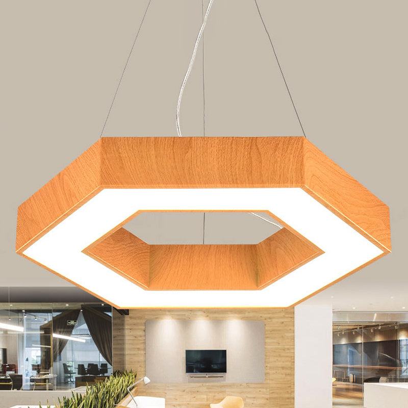 Modern LED Wood Hexagon Hanging Ceiling Pendant Lamp - 16"/23.5" Wide, Beige with Recessed Diffuser