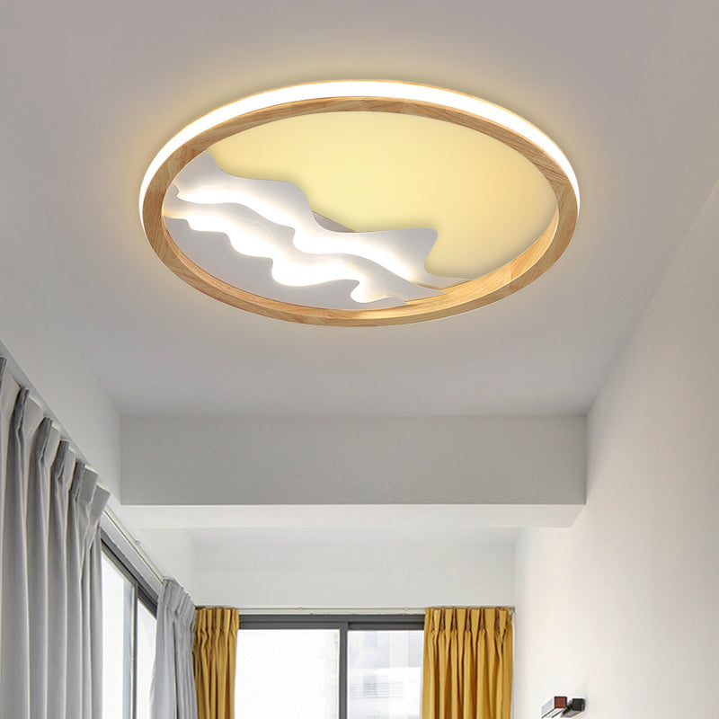 Contemporary Wood Mountain View Flushmount Light - Stylish 17/21 Inch Wide LED Ceiling Lamp for Study Room