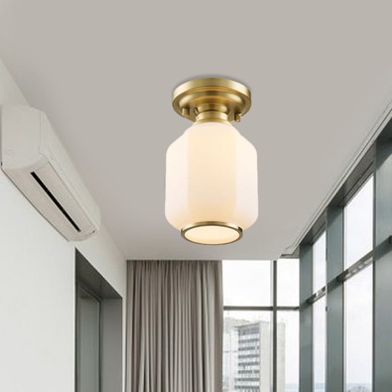 Traditional Lantern Flush Light Fixture in Brass with Opal Glass Shade - Ideal for Corridors