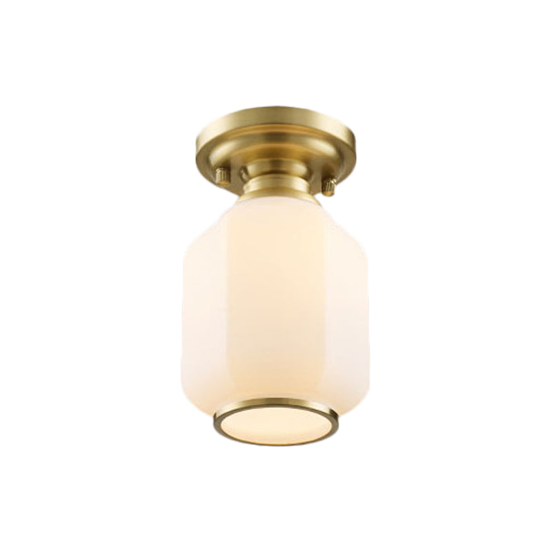 Traditional Lantern Flush Light Fixture In Brass With Opal Glass Shade - Ideal For Corridors
