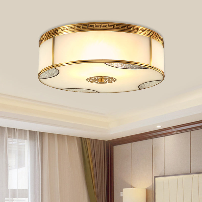 Traditional Brass Flush Mount Drum Ceiling Light with Frosted Glass - 14"/18" Wide, 3/4-Light Fixture