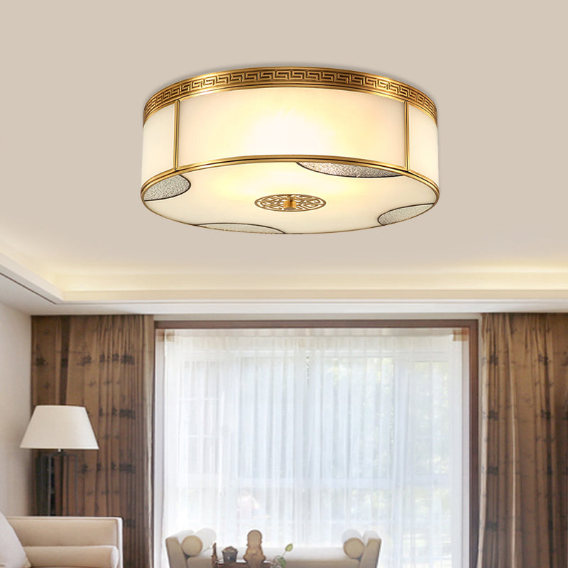 Traditional Brass Flush Mount Drum Ceiling Light with Frosted Glass - 14"/18" Wide, 3/4-Light Fixture