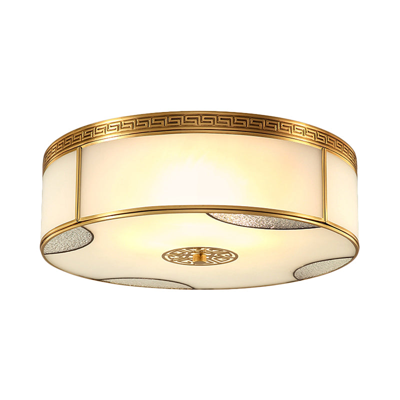 Traditional Brass Flush Mount Drum Ceiling Light with Frosted Glass - 14"/18" Wide, 3/4-Light Fixture