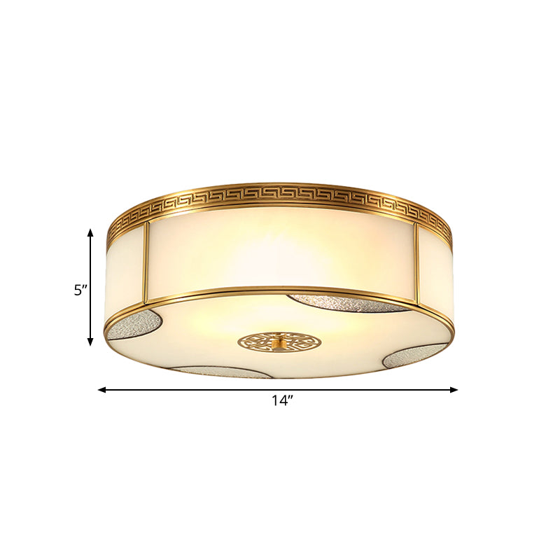 Traditional Brass Flush Mount Drum Ceiling Light with Frosted Glass - 14"/18" Wide, 3/4-Light Fixture