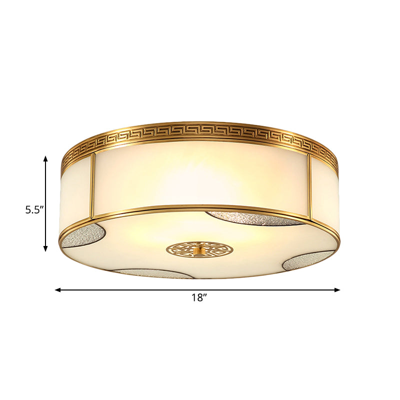Traditional Brass Flush Mount Drum Ceiling Light with Frosted Glass - 14"/18" Wide, 3/4-Light Fixture