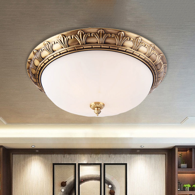 Colonial Style Brass Finish Flush Mount Ceiling Light 2/3/4 Heads White Frosted Glass 12/16/19.5