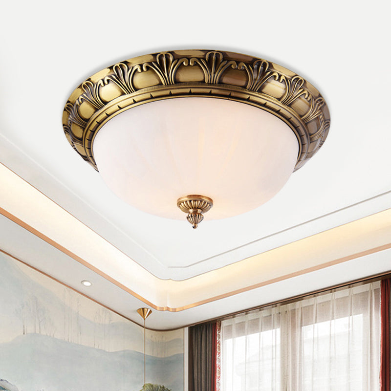 Colonial Style Brass Finish Flush Mount Ceiling Light, 2/3/4 Heads, White Frosted Glass, 12"/16"/19.5" Wide