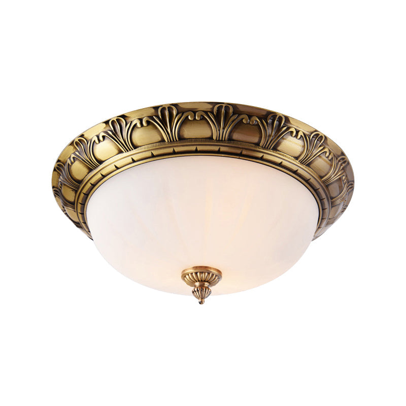 Colonial Style Brass Finish Flush Mount Ceiling Light, 2/3/4 Heads, White Frosted Glass, 12"/16"/19.5" Wide