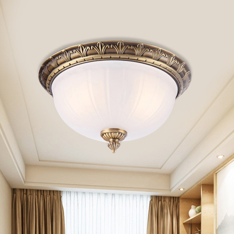 Colonial Style Brass Finish Flush Mount Ceiling Light, 2/3/4 Heads, White Frosted Glass, 12"/16"/19.5" Wide