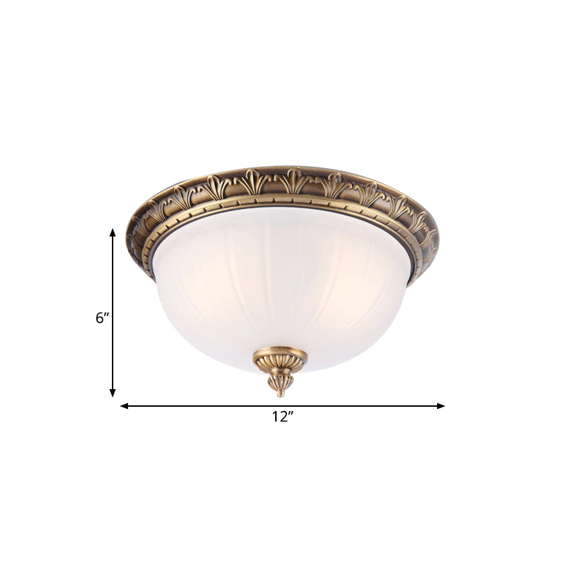 Colonial Style Brass Finish Flush Mount Ceiling Light, 2/3/4 Heads, White Frosted Glass, 12"/16"/19.5" Wide