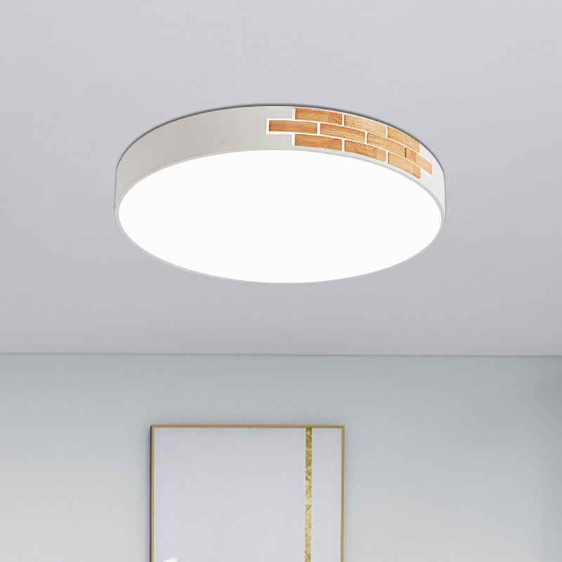 Minimalist LED Ceiling Light Fixture in White & Wood, Flush Mount, Choice of 16", 19.5", or 23.5" Dia