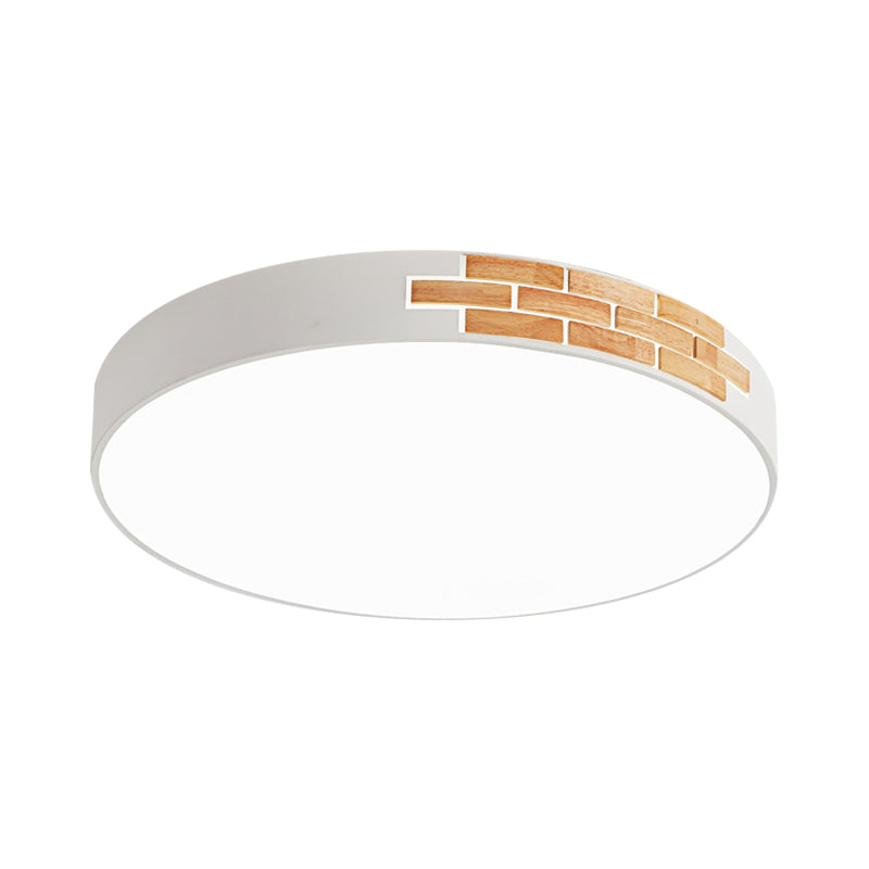 Minimalist LED Ceiling Light Fixture in White & Wood, Flush Mount, Choice of 16", 19.5", or 23.5" Dia