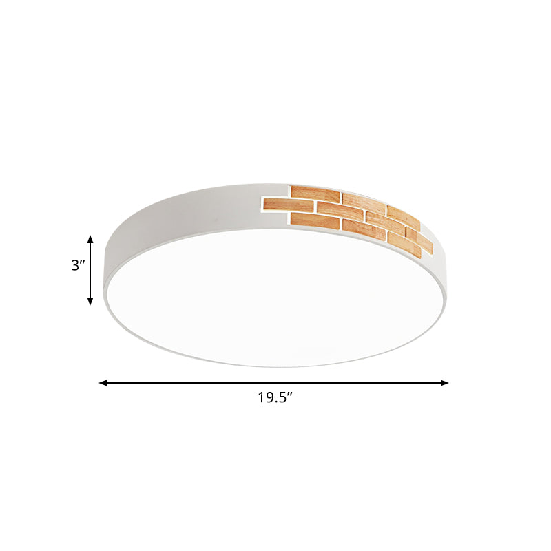 Minimalist LED Ceiling Light Fixture in White & Wood, Flush Mount, Choice of 16", 19.5", or 23.5" Dia