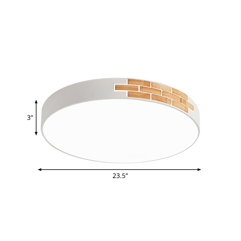 Minimalist LED Ceiling Light Fixture in White & Wood, Flush Mount, Choice of 16", 19.5", or 23.5" Dia