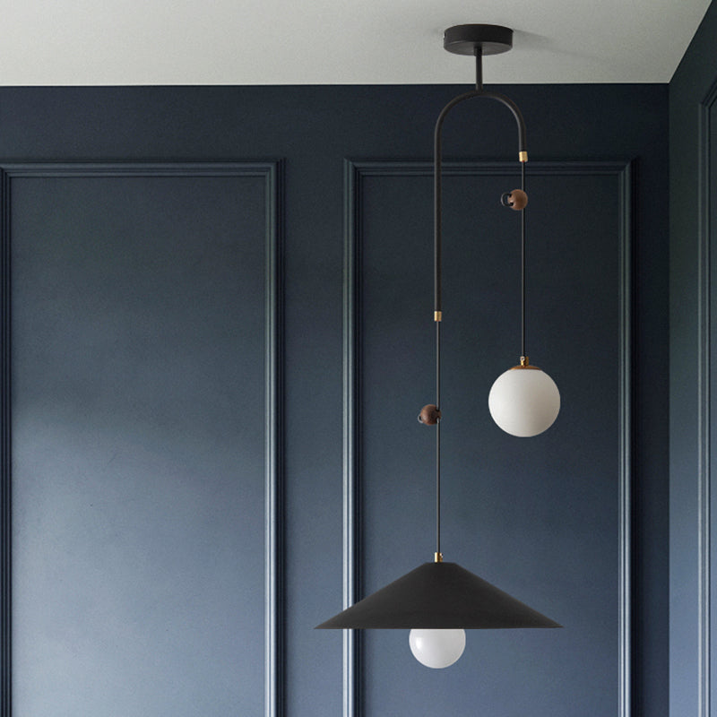 Opal Glass Multi Light Pendant Lamp with Iron Shade - Modern 2 Bulbs, White/Black, 10"/14" Wide