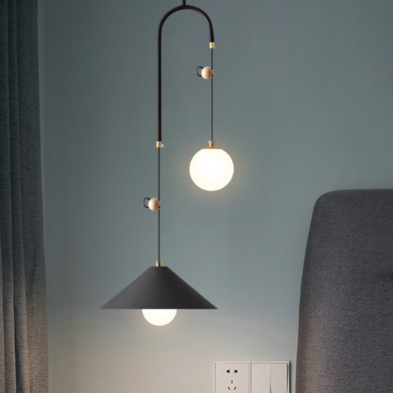 Opal Glass Multi Light Pendant Lamp with Iron Shade - Modern 2 Bulbs, White/Black, 10"/14" Wide