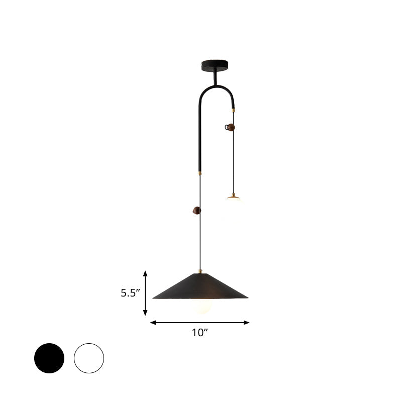 Opal Glass Multi Light Pendant Lamp with Iron Shade - Modern 2 Bulbs, White/Black, 10"/14" Wide