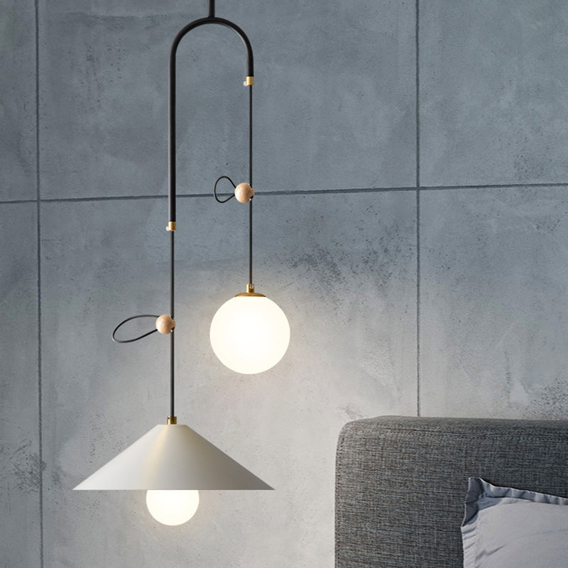 Opal Glass Multi Light Pendant Lamp with Iron Shade - Modern 2 Bulbs, White/Black, 10"/14" Wide