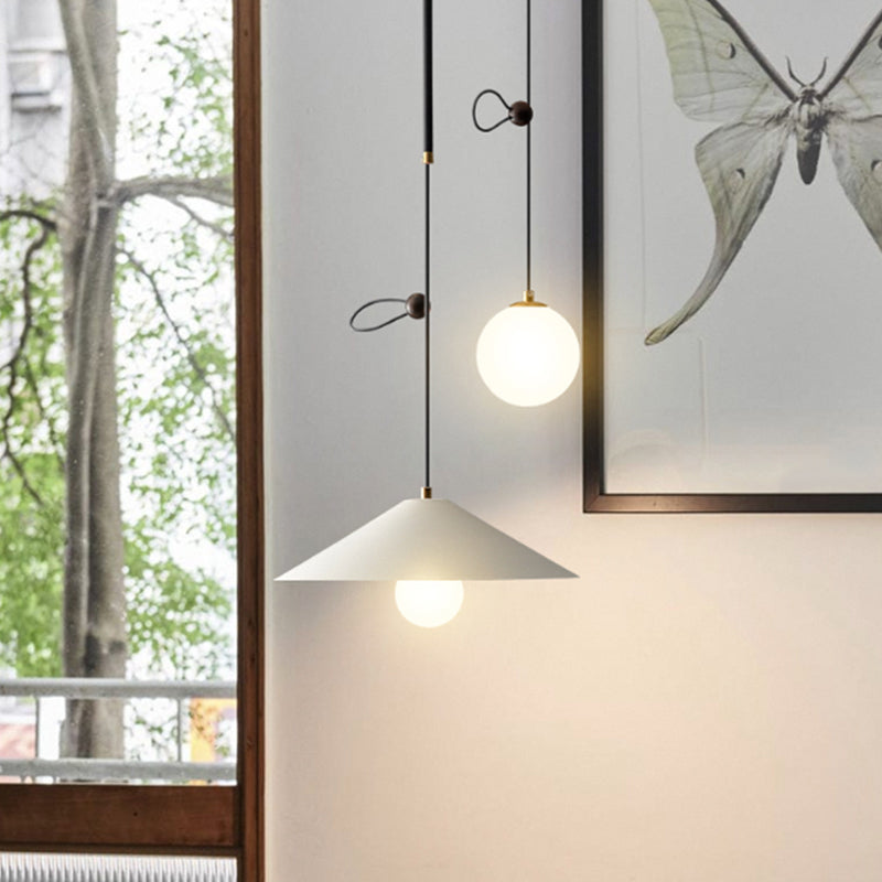 Opal Glass Multi Light Pendant Lamp with Iron Shade - Modern 2 Bulbs, White/Black, 10"/14" Wide
