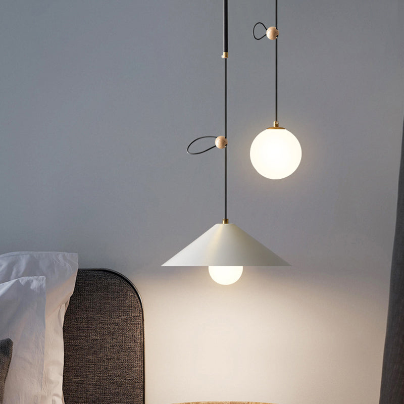 Opal Glass Multi Light Pendant Lamp with Iron Shade - Modern 2 Bulbs, White/Black, 10"/14" Wide