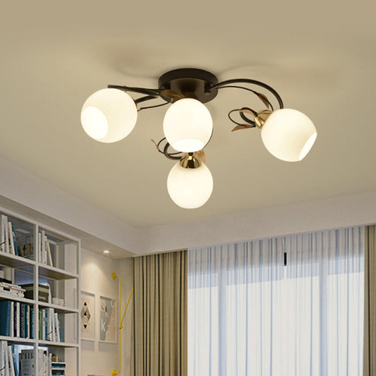 Traditional Globe White Glass Semi Flush Light with 4/6/9 Mounted Lights for Living Room Ceiling – Black Fixture