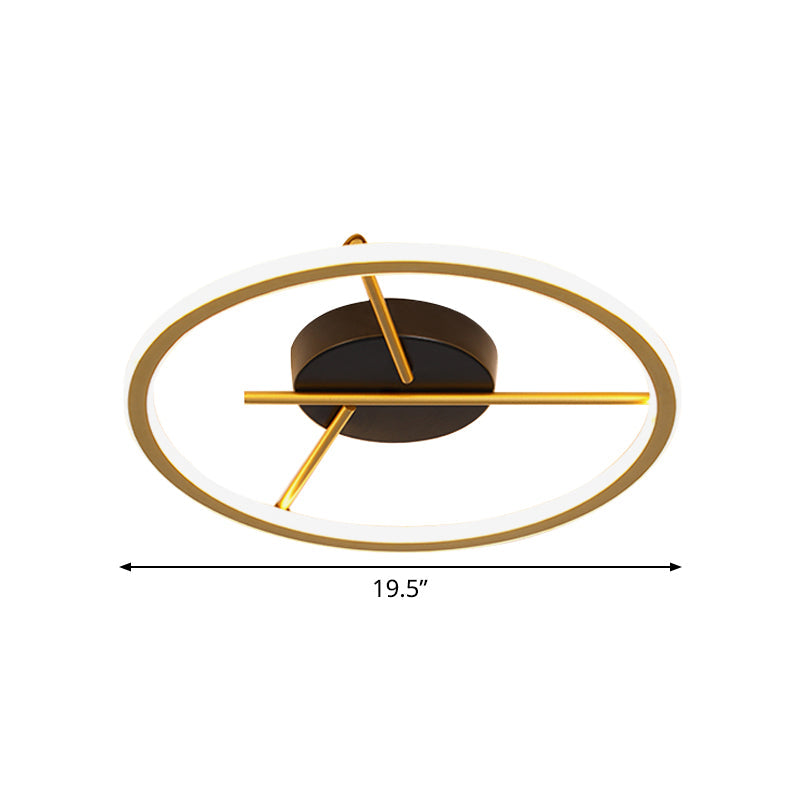 Minimalistic Aluminum Gold LED Flushmount Ceiling Light with Twig Arm - Thin Hoop, Warm/White Light, Dia 16"/19.5