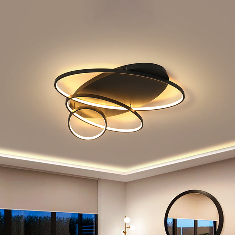 Contemporary LED Ceiling Flush Mount Lamp with Intersected Oval Design, Black/White/Gold Finish and Acrylic Shade – Warm/White Light