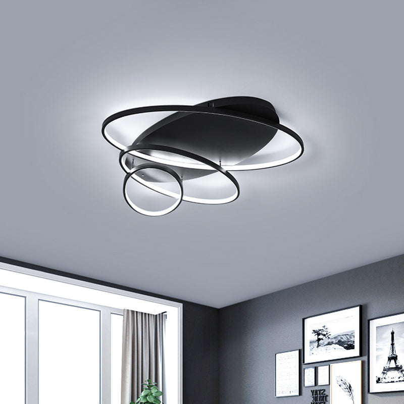 Contemporary LED Ceiling Flush Mount Lamp with Intersected Oval Design, Black/White/Gold Finish and Acrylic Shade – Warm/White Light