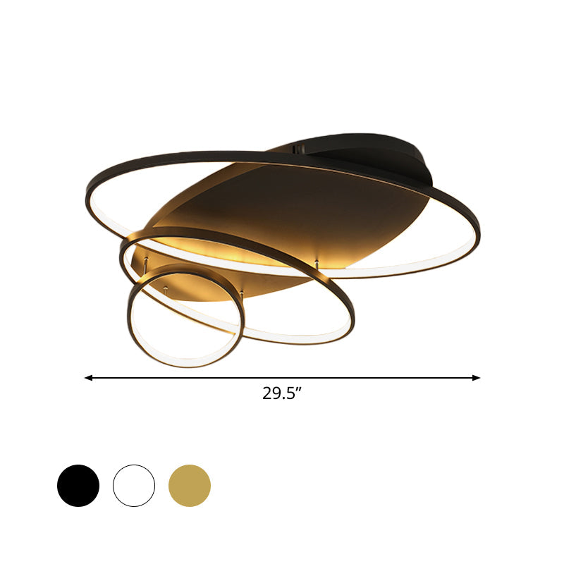 Contemporary LED Ceiling Flush Mount Lamp with Intersected Oval Design, Black/White/Gold Finish and Acrylic Shade – Warm/White Light