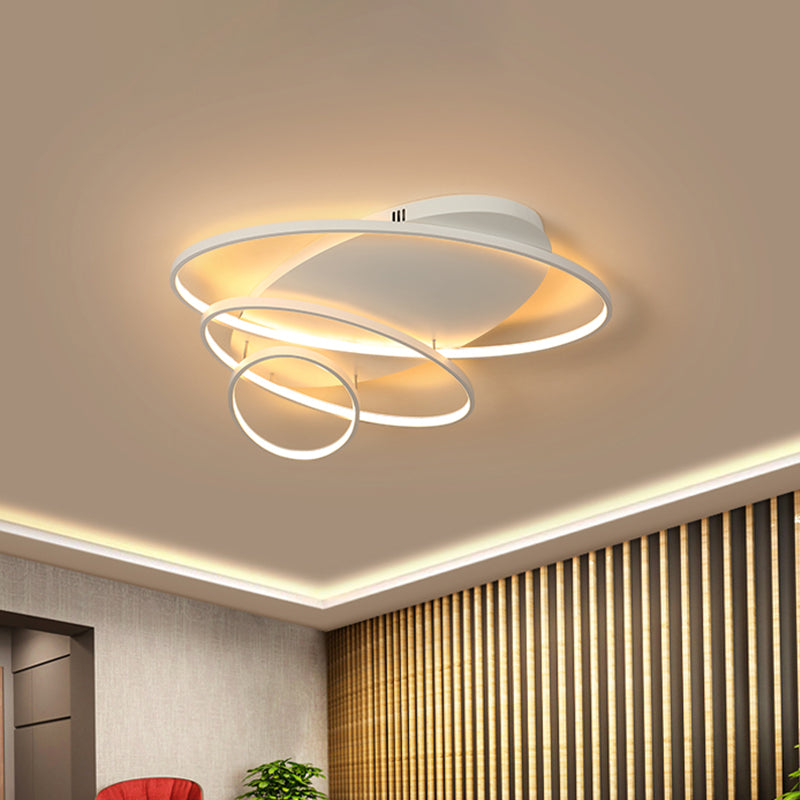 Contemporary LED Ceiling Flush Mount Lamp with Intersected Oval Design, Black/White/Gold Finish and Acrylic Shade – Warm/White Light
