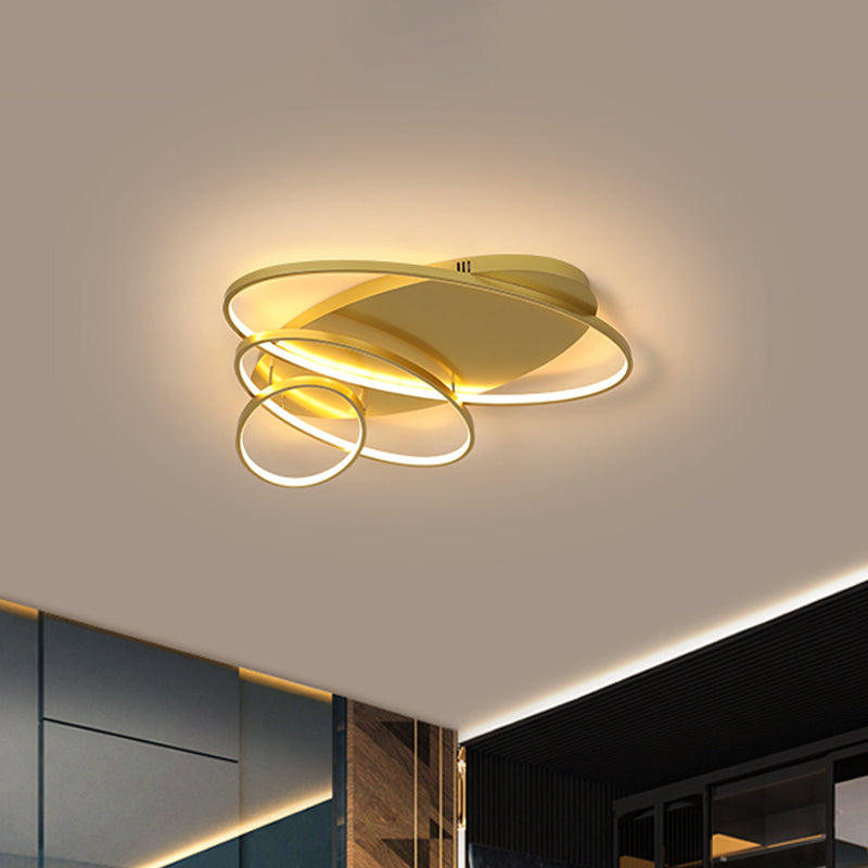 Contemporary LED Ceiling Flush Mount Lamp with Intersected Oval Design, Black/White/Gold Finish and Acrylic Shade – Warm/White Light